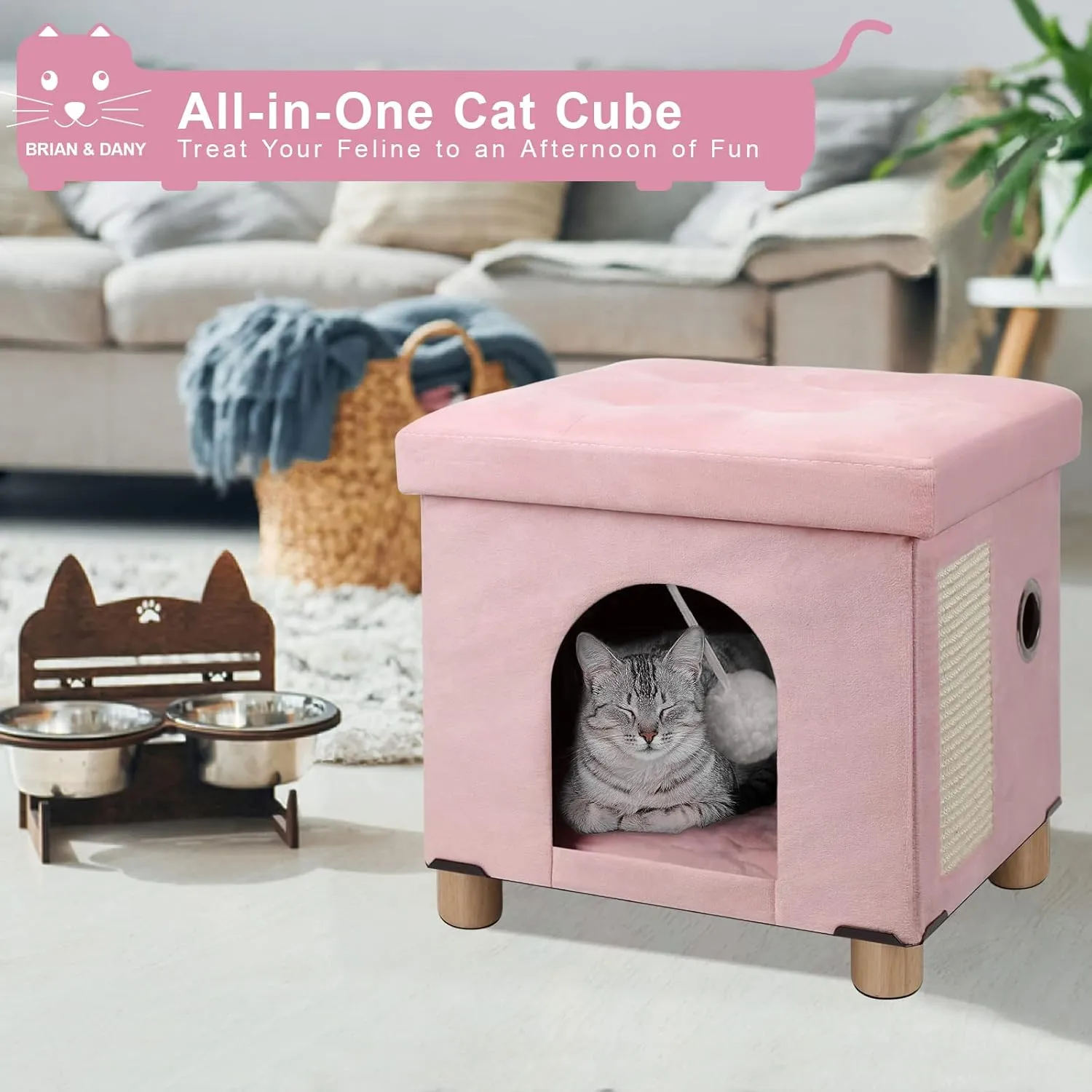 BRIAN & DANY Cat House for Indoor Cats, Cat Cave Bed for Pet, Cat Cube with Cat Scratch Board & Cat Ball, 14.7" x 14.1 x 12.7, Pink