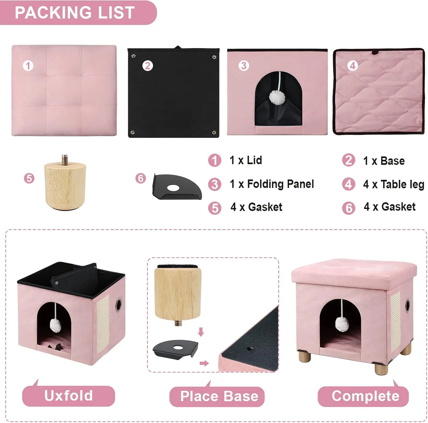 BRIAN & DANY Cat House for Indoor Cats, Cat Cave Bed for Pet, Cat Cube with Cat Scratch Board & Cat Ball, 14.7" x 14.1 x 12.7, Pink