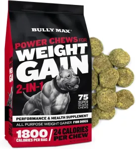 Bully Max Dog Weight Gainer - High Calorie Treats for Puppies and Adults - Dog Food Performance Supplement for Healthy Weight Gain & Immunity, 75 Soft Chews for Small, Medium & Large Breed - 300g