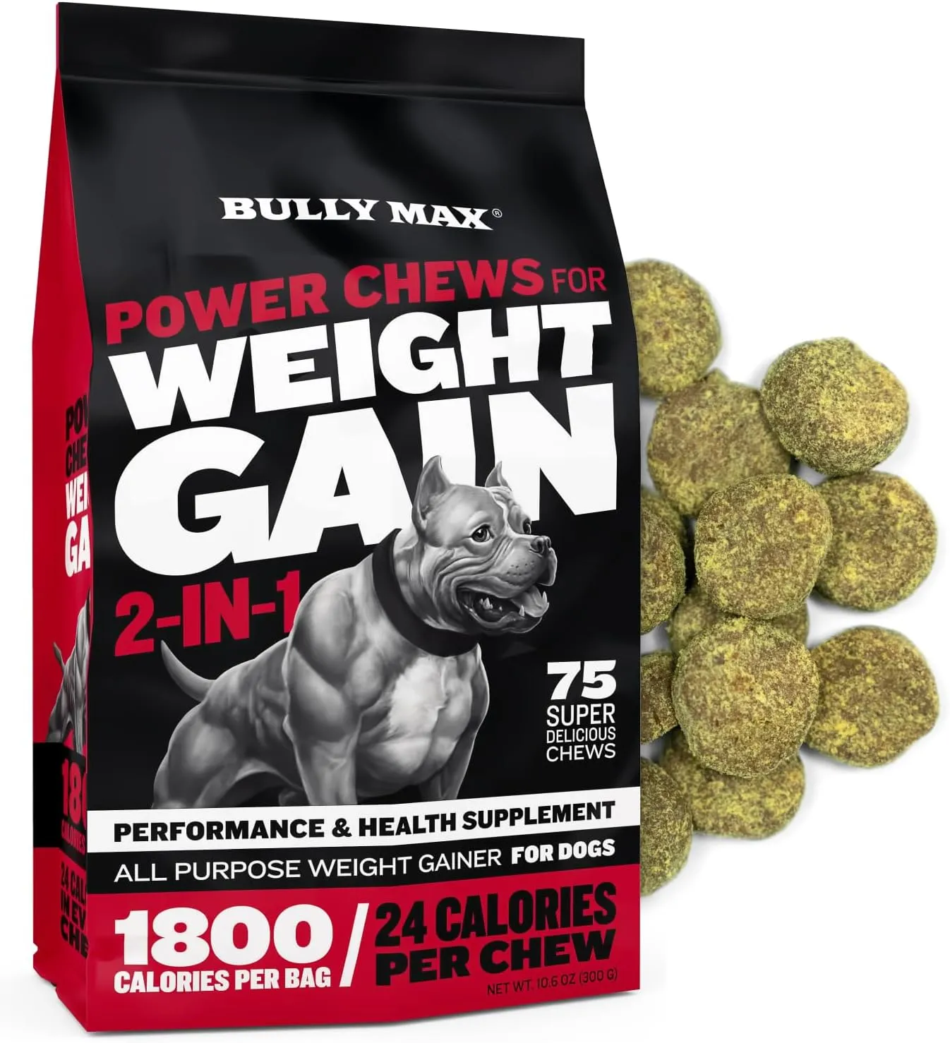 Bully Max Dog Weight Gainer - High Calorie Treats for Puppies and Adults - Dog Food Performance Supplement for Healthy Weight Gain & Immunity, 75 Soft Chews for Small, Medium & Large Breed - 300g