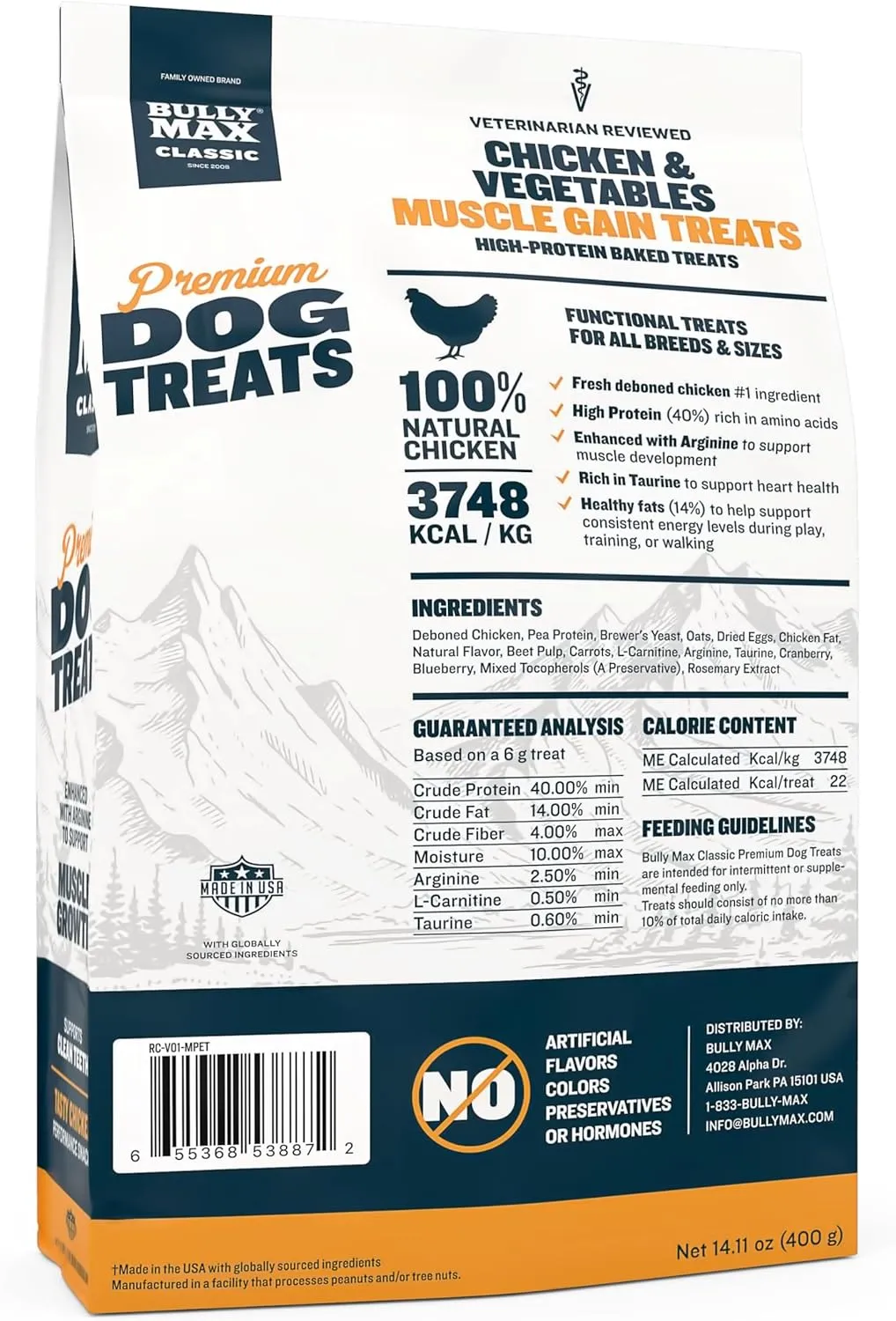 Bully Max Premium High Protein Dog Treats for Puppy & Adult Dogs - Training Dog Food Treats with 40% Protein, Real Meat, Veggies & BCAAs for Small, Medium & Large Breeds, Chicken Flavor, 400g Bag
