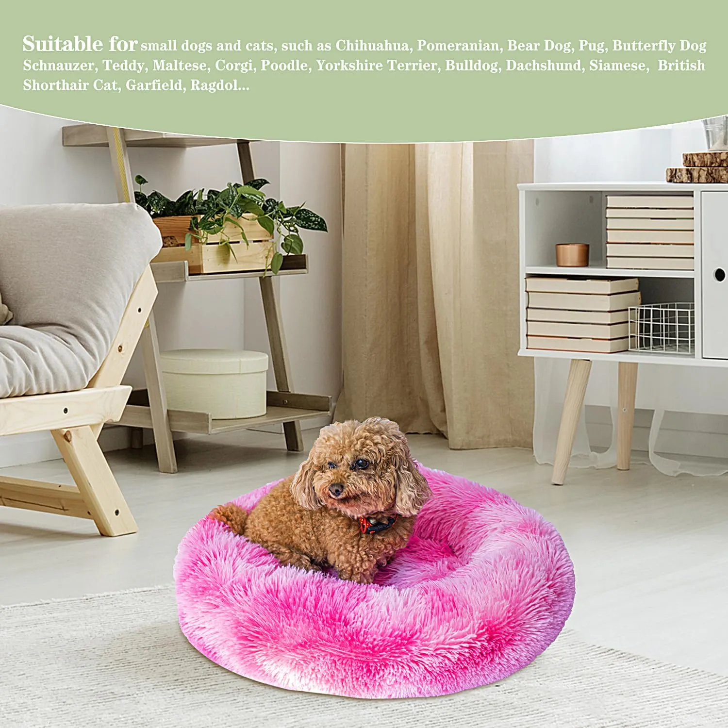 Calming Dog Bed for Small Medium Dogs Cats, 23'' Round Anti-Anxiety Warm Fluffy Plush Faux Fur Bed, Soft Anti-Slip Donut Washable Pet Bed, Fits up to 30 lbs Pets