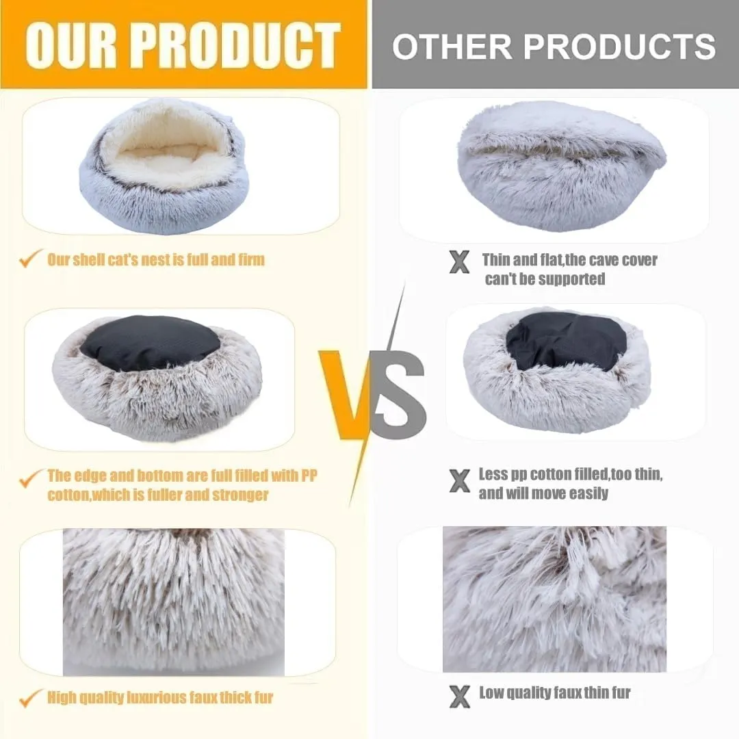 Calming Round Dog Bed & Cat Cave with Hooded Cover, Plush Fluffy Anti-Anxiety Cat Bed, Waterproof Bottom Washable (Coffee, 20x20inch)