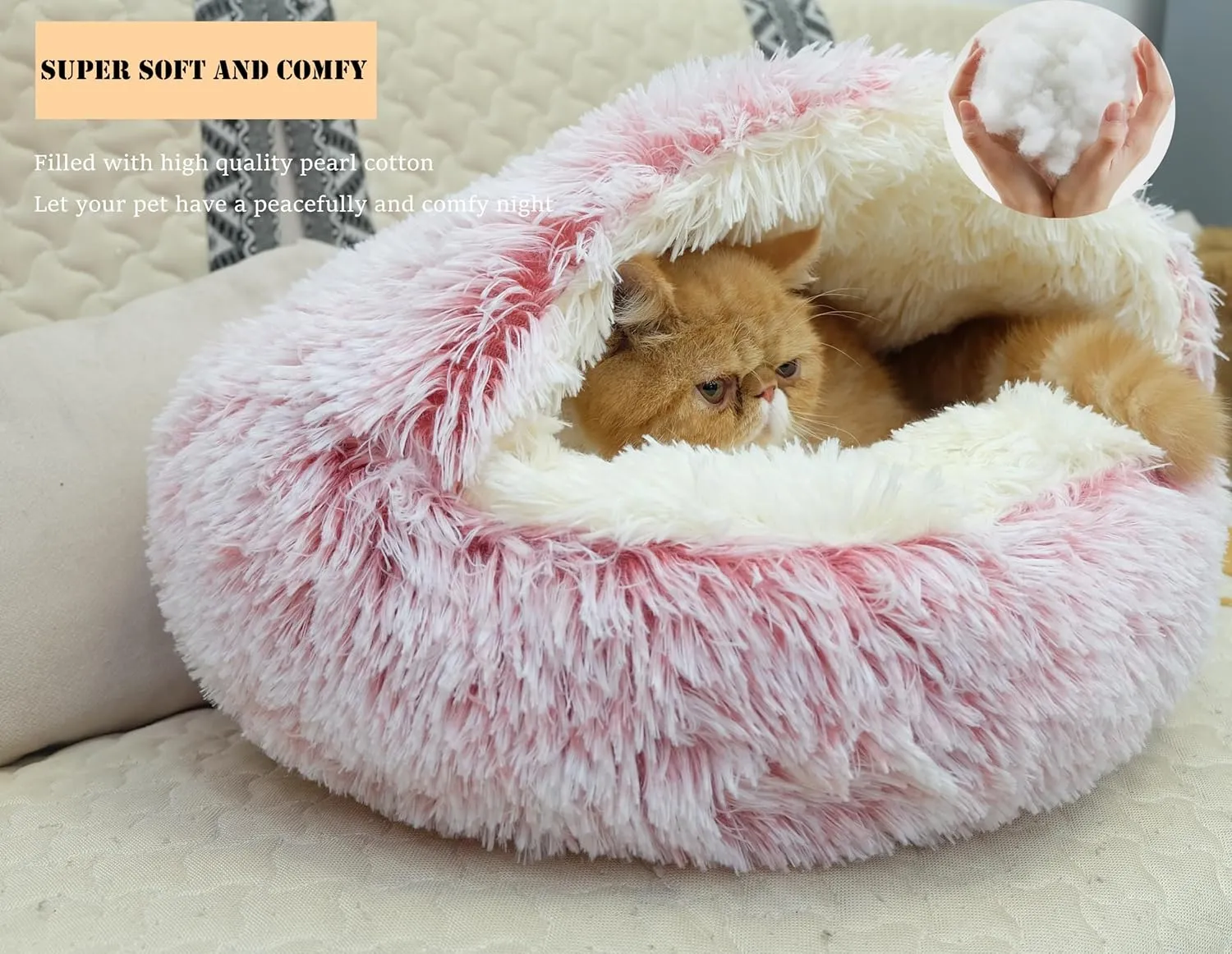 Calming Round Dog Bed & Cat Cave with Hooded Cover, Plush Fluffy Anti-Anxiety Cat Bed, Waterproof Bottom Washable (Pink, 20x20inch)