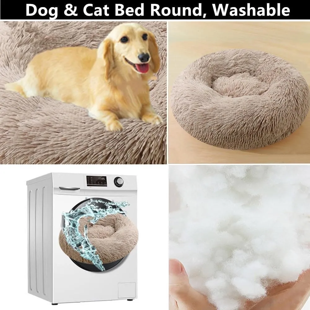 Calming Small Dog Bed Cat Bed, 16 Inch Anti-Anxiety Donut Cuddler Warming Cozy Soft Round Bed, Fluffy Faux Fur Plush Dog Cat Cushion Bed for Small Medium Dogs and Cats, Dark Blue