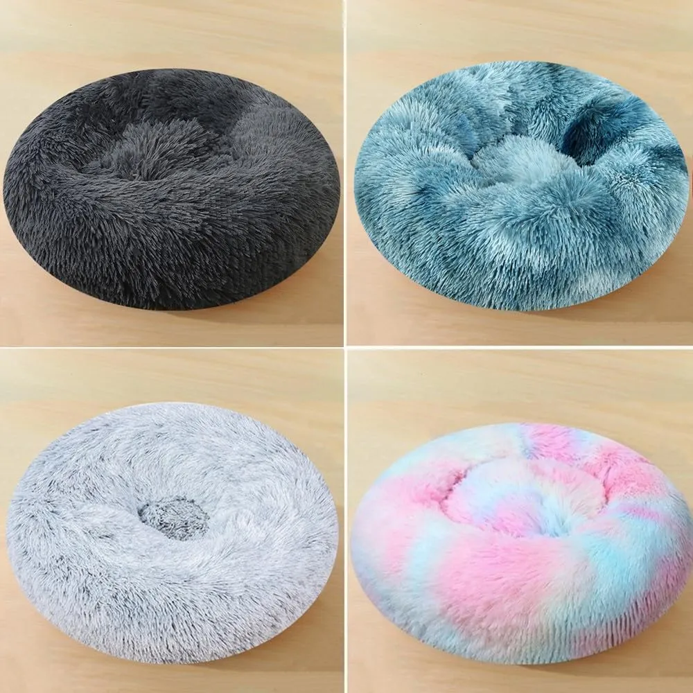 Calming Small Dog Bed Cat Bed, 16 Inch Anti-Anxiety Donut Cuddler Warming Cozy Soft Round Bed, Fluffy Faux Fur Plush Dog Cat Cushion Bed for Small Medium Dogs and Cats, Dark Blue