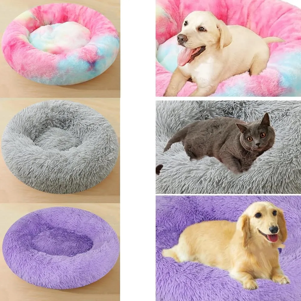Calming Small Dog Bed Cat Bed, 16 Inch Anti-Anxiety Donut Cuddler Warming Cozy Soft Round Bed, Fluffy Faux Fur Plush Dog Cat Cushion Bed for Small Medium Dogs and Cats, Dark Blue