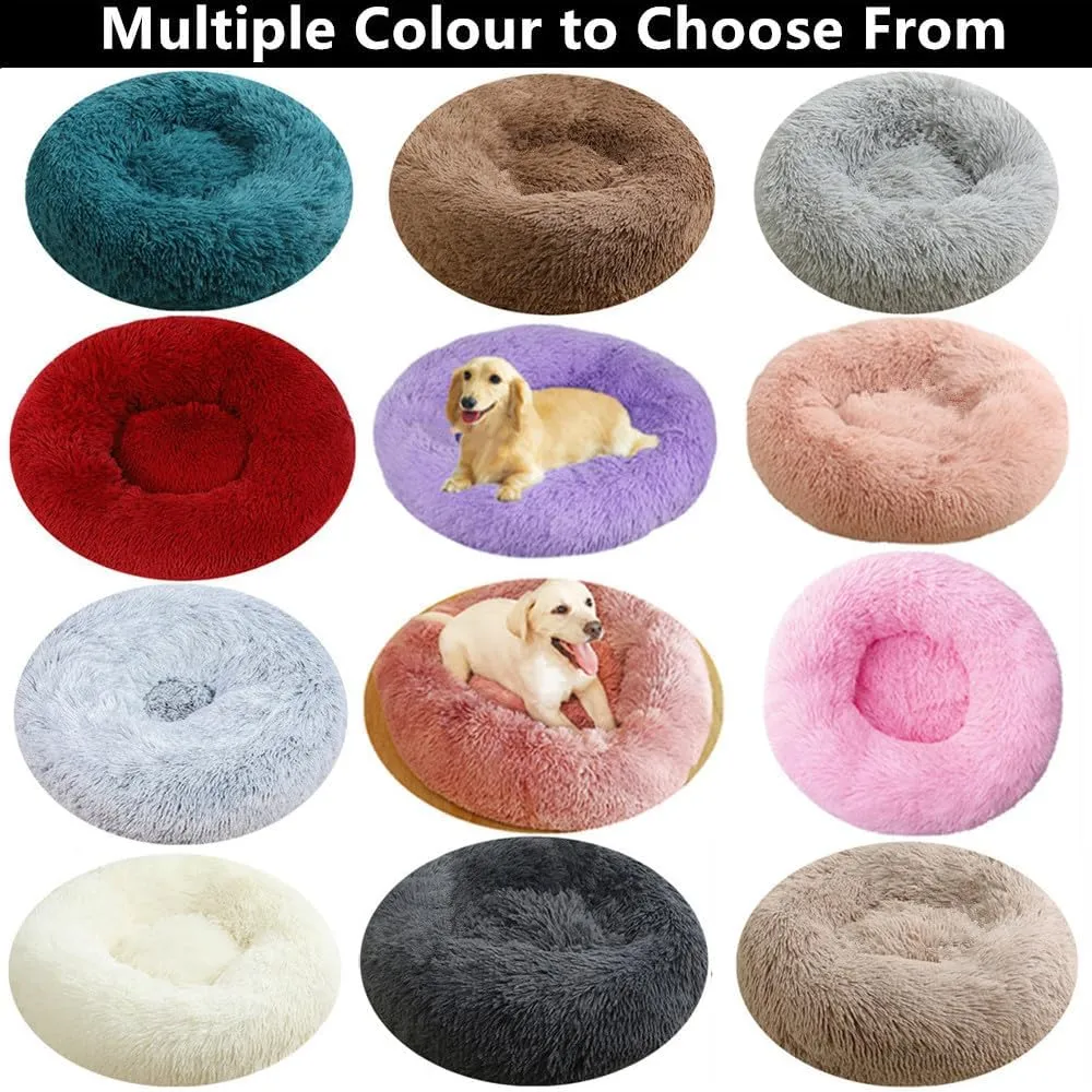Calming Small Dog Bed Cat Bed, 16 Inch Anti-Anxiety Donut Cuddler Warming Cozy Soft Round Bed, Fluffy Faux Fur Plush Dog Cat Cushion Bed for Small Medium Dogs and Cats, Dark Blue
