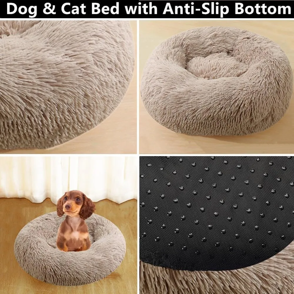 Calming Small Dog Bed Cat Bed, 16 Inch Anti-Anxiety Donut Cuddler Warming Cozy Soft Round Bed, Fluffy Faux Fur Plush Dog Cat Cushion Bed for Small Medium Dogs and Cats, Dark Blue