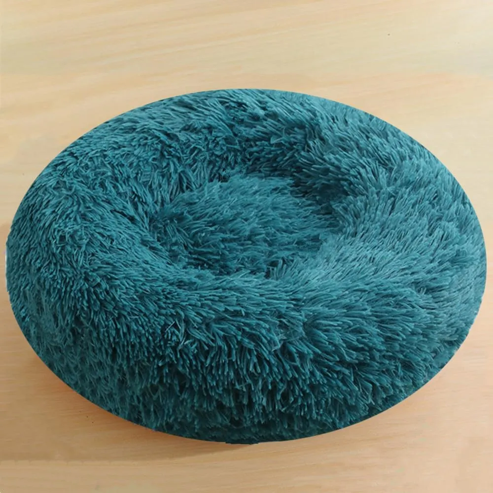 Calming Small Dog Bed Cat Bed, 16 Inch Anti-Anxiety Donut Cuddler Warming Cozy Soft Round Bed, Fluffy Faux Fur Plush Dog Cat Cushion Bed for Small Medium Dogs and Cats, Dark Blue