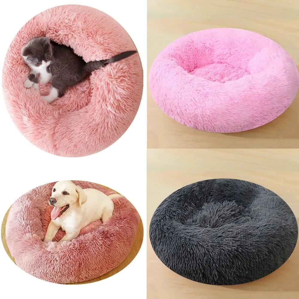 Calming Small Dog Bed Cat Bed, 16 Inch Anti-Anxiety Donut Cuddler Warming Cozy Soft Round Bed, Fluffy Faux Fur Plush Dog Cat Cushion Bed for Small Medium Dogs and Cats, Dark Blue