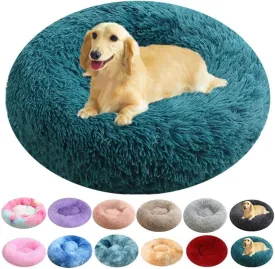 Calming Small Dog Bed Cat Bed, 16 Inch Anti-Anxiety Donut Cuddler Warming Cozy Soft Round Bed, Fluffy Faux Fur Plush Dog Cat Cushion Bed for Small Medium Dogs and Cats, Dark Blue