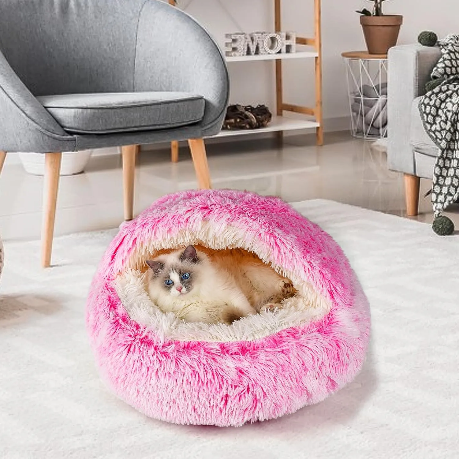 Cat & Dog Bed - Covered Cave, Soft Plush Donut Calming Pet Bed for Cats & Small Dogs, Washable with Non-Slip Bottom - 16inch