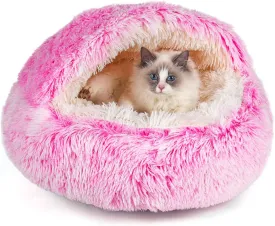 Cat & Dog Bed - Covered Cave, Soft Plush Donut Calming Pet Bed for Cats & Small Dogs, Washable with Non-Slip Bottom - 16inch