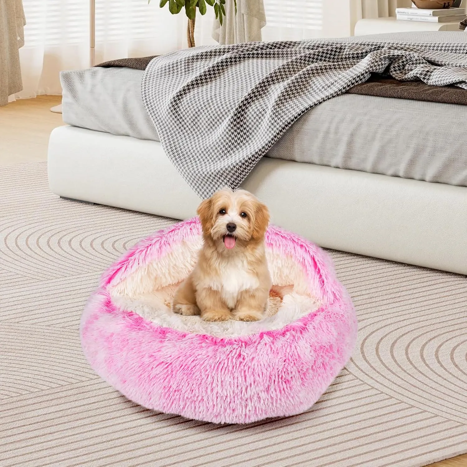 Cat & Dog Bed - Covered Cave, Soft Plush Donut Calming Pet Bed for Cats & Small Dogs, Washable with Non-Slip Bottom - 16inch