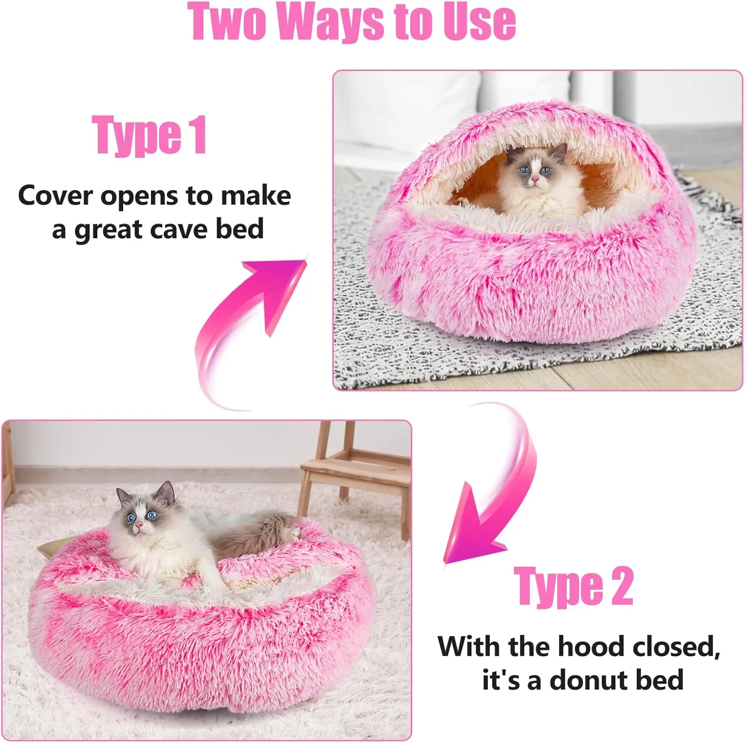 Cat & Dog Bed - Covered Cave, Soft Plush Donut Calming Pet Bed for Cats & Small Dogs, Washable with Non-Slip Bottom - 16inch