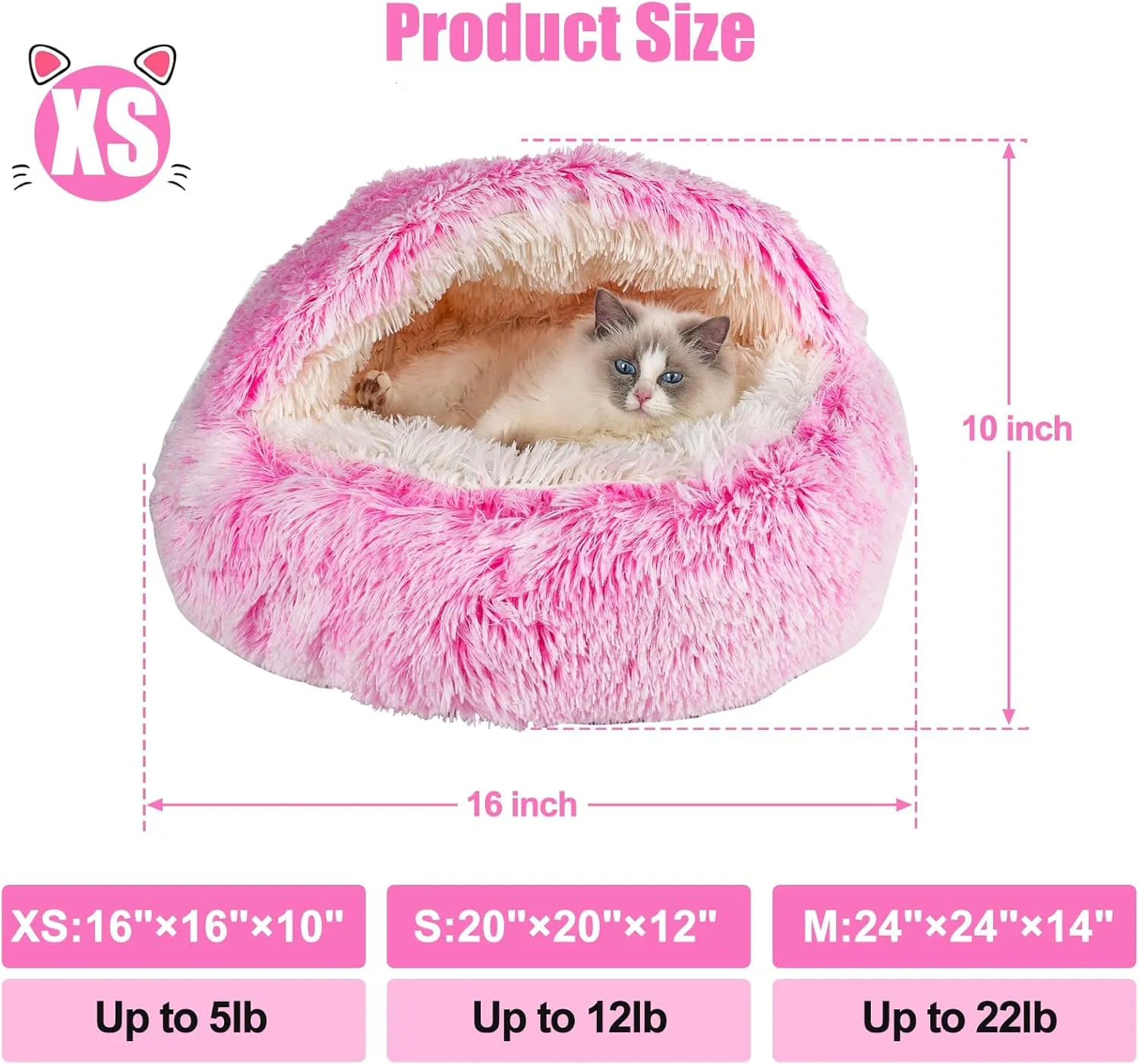 Cat & Dog Bed - Covered Cave, Soft Plush Donut Calming Pet Bed for Cats & Small Dogs, Washable with Non-Slip Bottom - 16inch