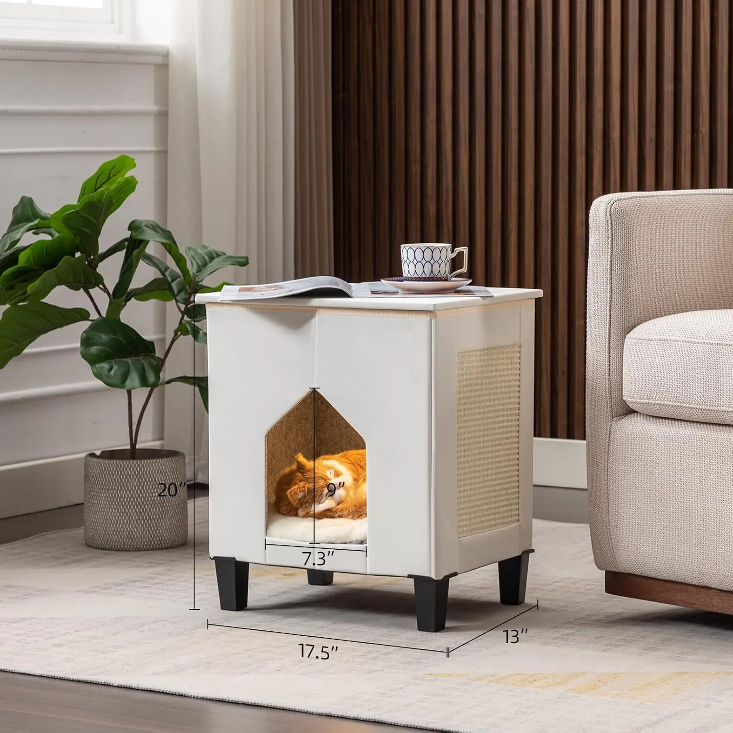 Cat Condo & Hideaway Cave with Scratch Pad, Leather Cat Bed & Side Table, White