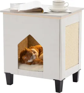 Cat Condo & Hideaway Cave with Scratch Pad, Leather Cat Bed & Side Table, White