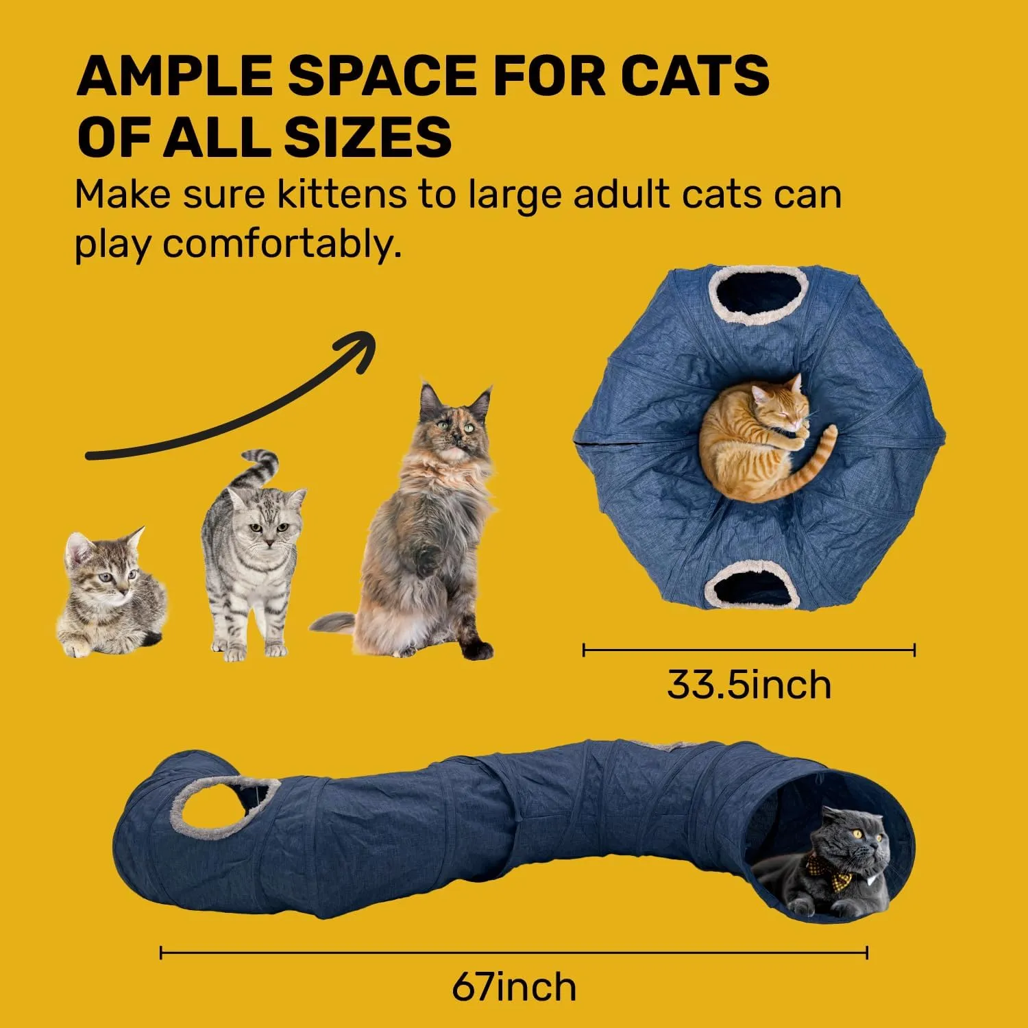 Cat Tunnel - 3-Way Interactive Play Tunnel for Cats, Collapsible Breathable Fabric Tube with Rest Mat for Indoor Kittens and Large Cats (Blue)