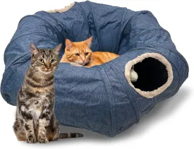 Cat Tunnel - 3-Way Interactive Play Tunnel for Cats, Collapsible Breathable Fabric Tube with Rest Mat for Indoor Kittens and Large Cats (Blue)