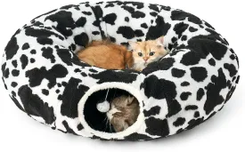 Cat Tunnel Bed for Indoor Cats, Foldable Cute Cat Donut Tunnel with Washable Cushion, Kitten Toys for Indoor Cats Puppy/Rabbit, Black&White