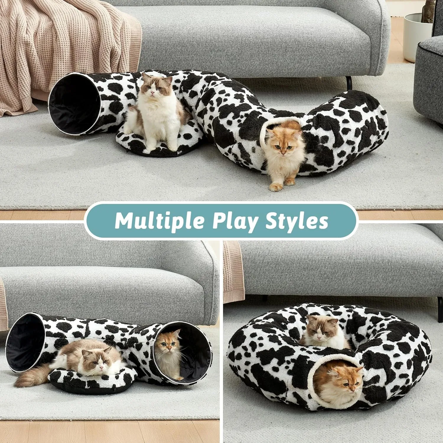 Cat Tunnel Bed for Indoor Cats, Foldable Cute Cat Donut Tunnel with Washable Cushion, Kitten Toys for Indoor Cats Puppy/Rabbit, Black&White