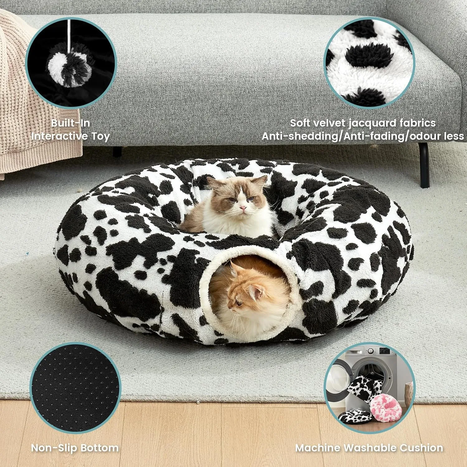 Cat Tunnel Bed for Indoor Cats, Foldable Cute Cat Donut Tunnel with Washable Cushion, Kitten Toys for Indoor Cats Puppy/Rabbit, Black&White