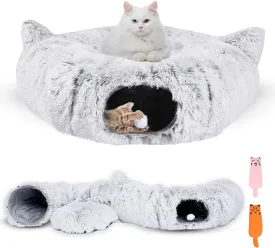 Cat Tunnel Bed with 2 Catnip Toys  32" Diameter - Versatile Cat Donut Tunnels for Indoor Cats - Cozy Cat Furniture - Foldable Peekaboo Kitty Cave - Machine Washable & Easy Assembly
