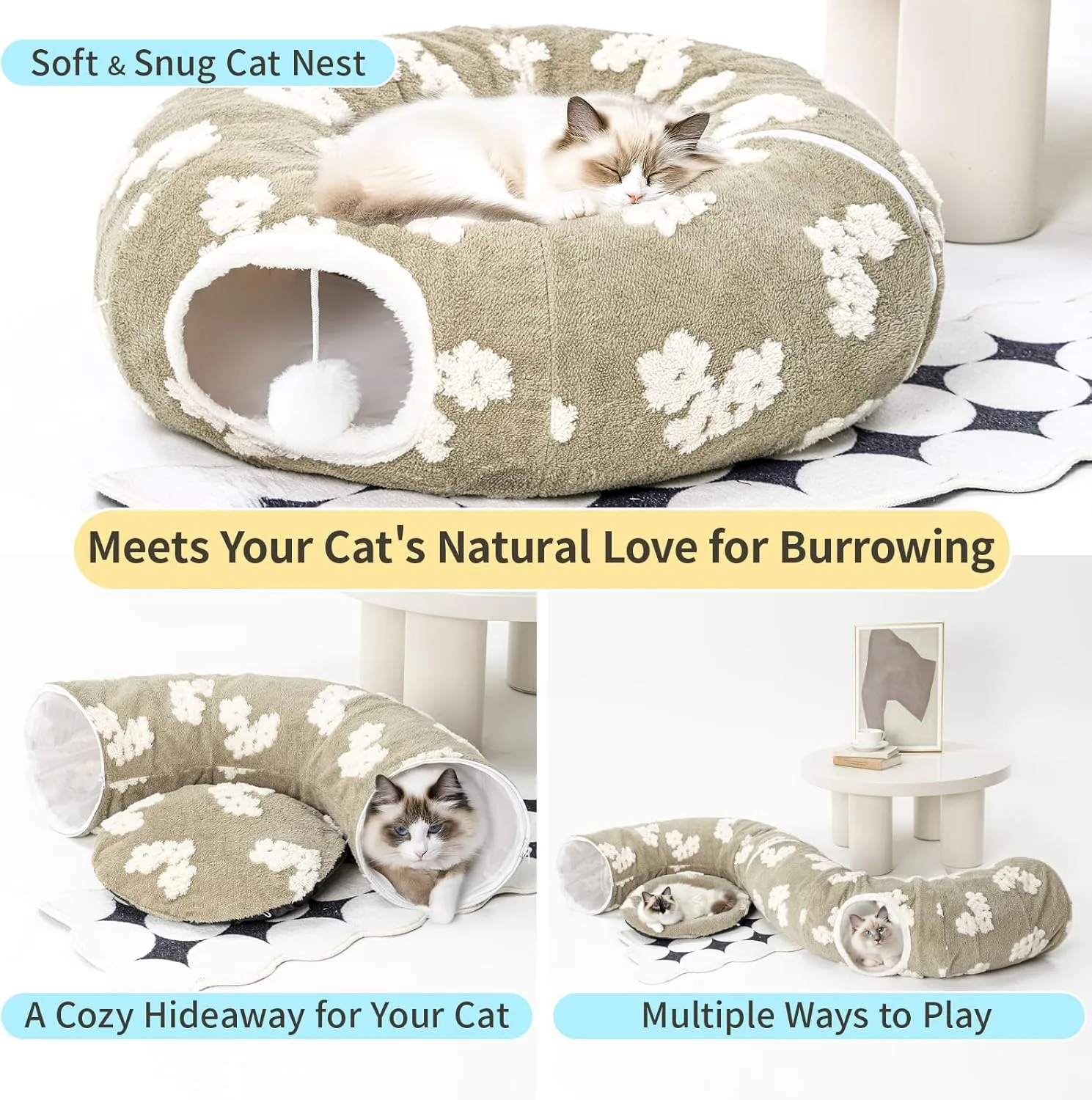Cat Tunnel Bed with Soft Cushion, Cat Toys for Indoor Cats Enhance Bonding Between Pets and Owners, Encourage Exploration, and Satisfy Natural Instincts for Kittens, Dogs, and Rabbits