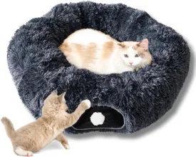 Cat Tunnels for Indoor Cats Large  Fluffy Donut Tunnel Bed with Soft Mat & Plush Toy  Peekaboo Cat Cave Bed for Napping & Play  Dark Gray, The Cat Park
