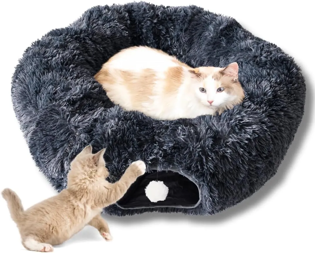 Cat Tunnels for Indoor Cats Large  Fluffy Donut Tunnel Bed with Soft Mat & Plush Toy  Peekaboo Cat Cave Bed for Napping & Play  Dark Gray, The Cat Park