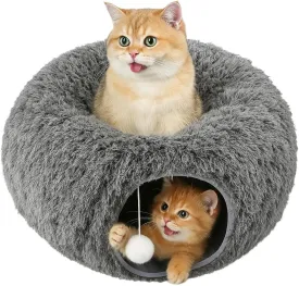 Cat Tunnels for Indoor Cats,Plush Cat Bed with Washable Circle Cushion, Cute Cat Donut Tunnel Toys, Multifunctional Playground Toys Hideplace for Cats,Kitten,Rabbit, Ferret (Gray)