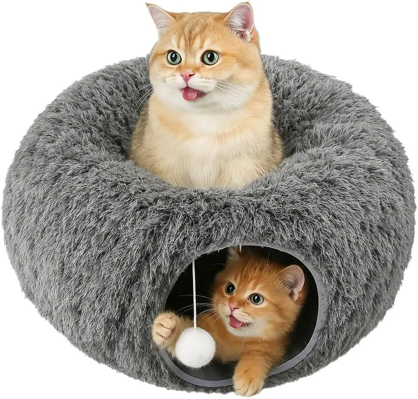 Cat Tunnels for Indoor Cats,Plush Cat Bed with Washable Circle Cushion, Cute Cat Donut Tunnel Toys, Multifunctional Playground Toys Hideplace for Cats,Kitten,Rabbit, Ferret (Gray)
