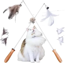 Cat Wand Toys - 2PCS Interactive Feather Teaser with 4 Refills, 27" Flexible Steel Wire & Wooden Handle, Durable & Fun for Indoor Cats & Kittens