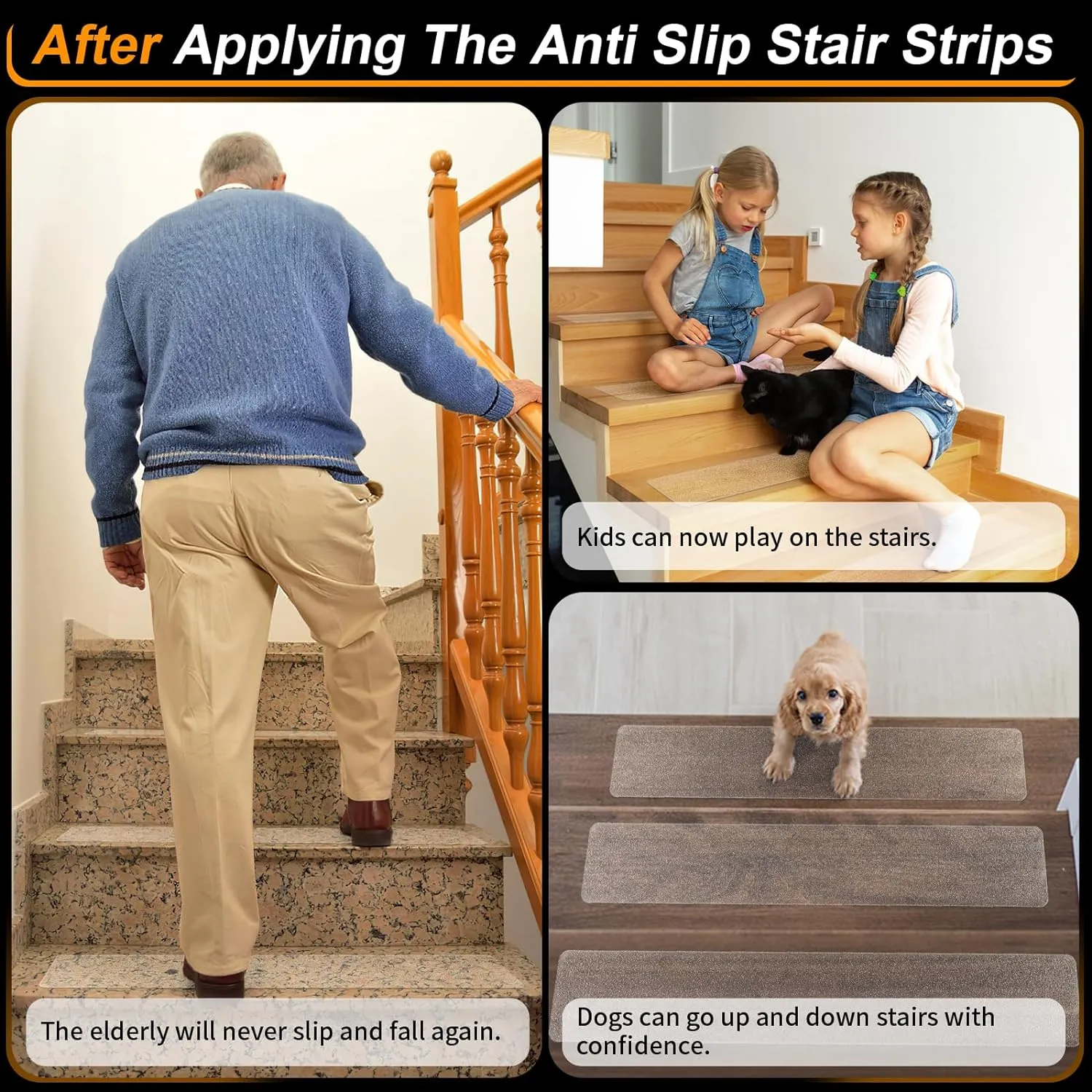 Clear Non Slip Stair Treads for Wooden Steps Indoor 15 Pack 4" x 32" Pre-Cut Anti Slip Stair Strips for Wood Stairs, Grip Tape Transparent Step Tread Grips for Dogs Kids and Pets, Waterproof