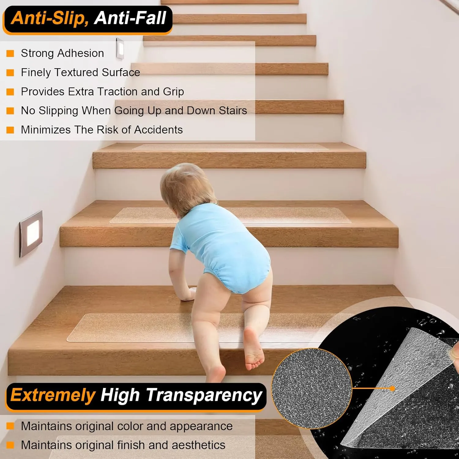 Clear Non Slip Stair Treads for Wooden Steps Indoor 15 Pack 4" x 32" Pre-Cut Anti Slip Stair Strips for Wood Stairs, Grip Tape Transparent Step Tread Grips for Dogs Kids and Pets, Waterproof