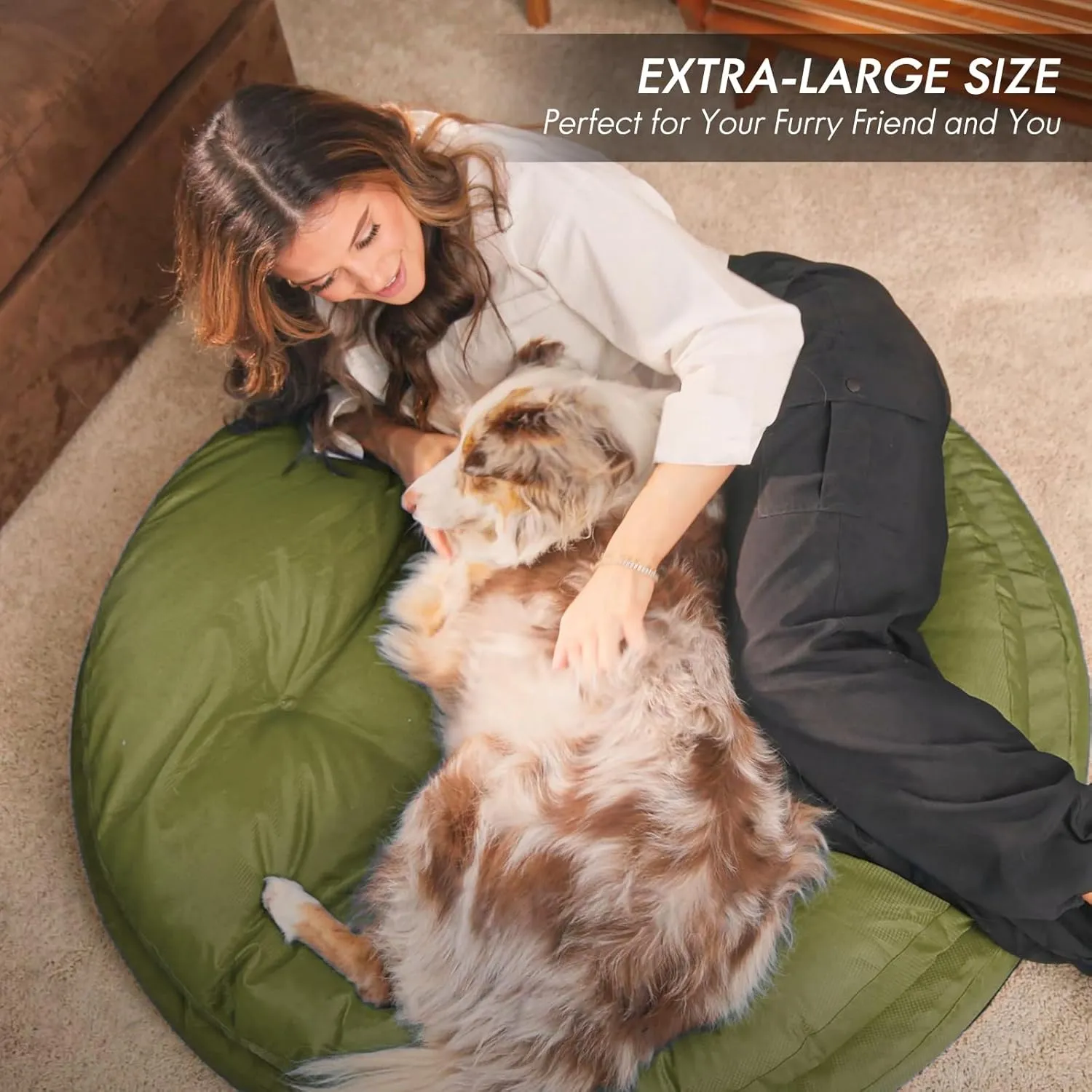 ClevaHome Orthopedic Dog Bed for Large Dogs, Dual Layer Water Repellent Round Pet Bed with Washable Cover Nonslip Bottom (Olive Branch)