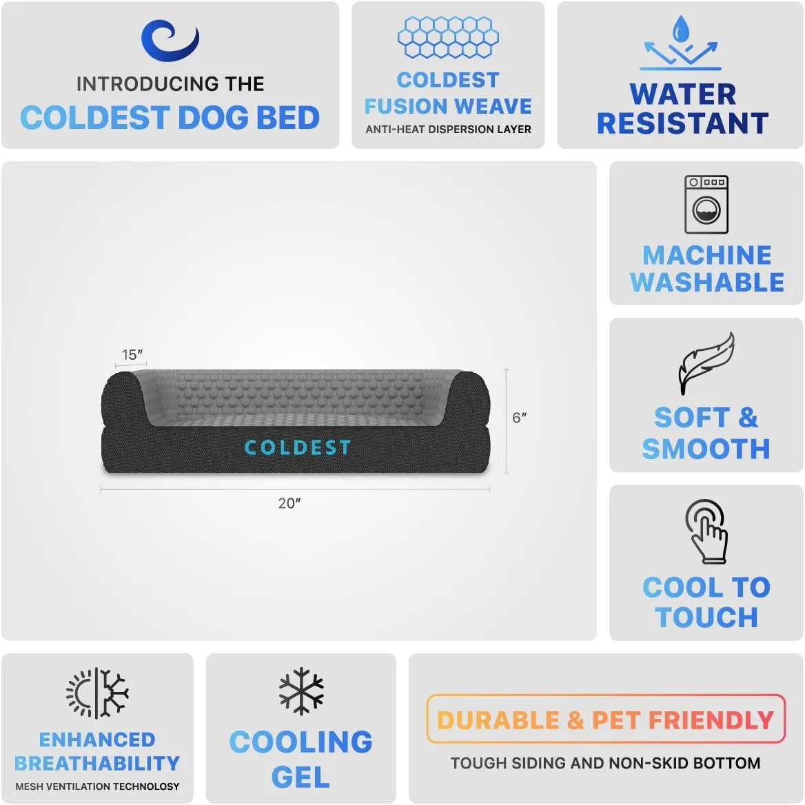 Coldest Cozy Dog Bed - Cooling Small, Medium Large Dogs Beds - Best for Washable Removable Cover Comfy and Anti Slip (Small, Grey)