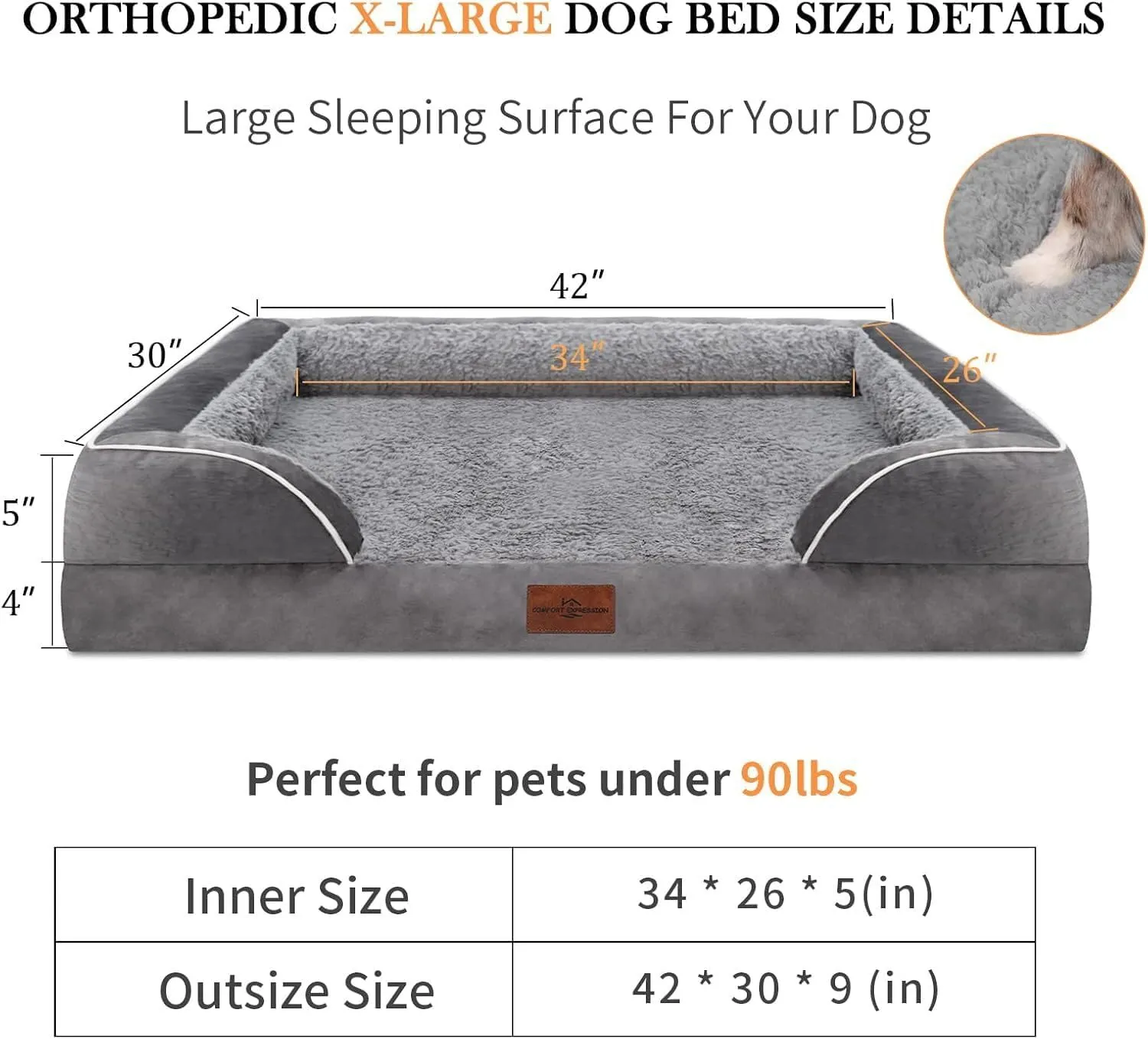 Comfort Expression Waterproof Orthopedic Foam Dog Beds for Extra Large Dogs Durable Dog Sofa The Pet Bed Washable Removable Cover with Zipper and Non-Slip Bottom Bolster