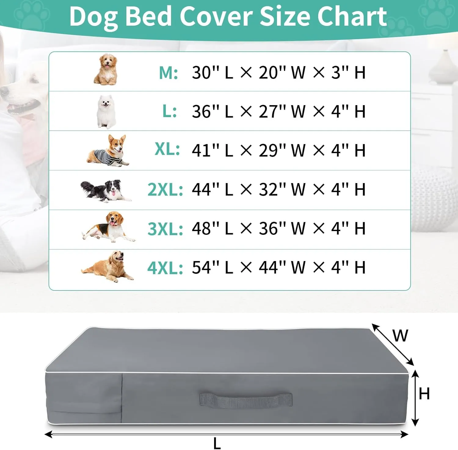 COSHNIBI Dog Bed Covers Replacement Washable,Waterproof Dog Bed Cover with Zip and Carry Handle for Dog/Cat 44''Lx32''Wx4''H-Grey