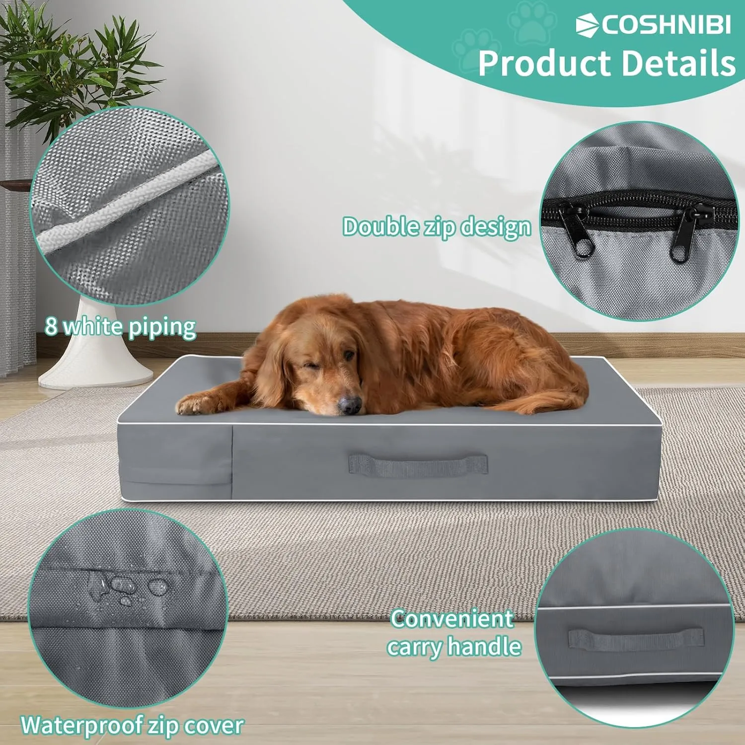 COSHNIBI Dog Bed Covers Replacement Washable,Waterproof Dog Bed Cover with Zip and Carry Handle for Dog/Cat 44''Lx32''Wx4''H-Grey