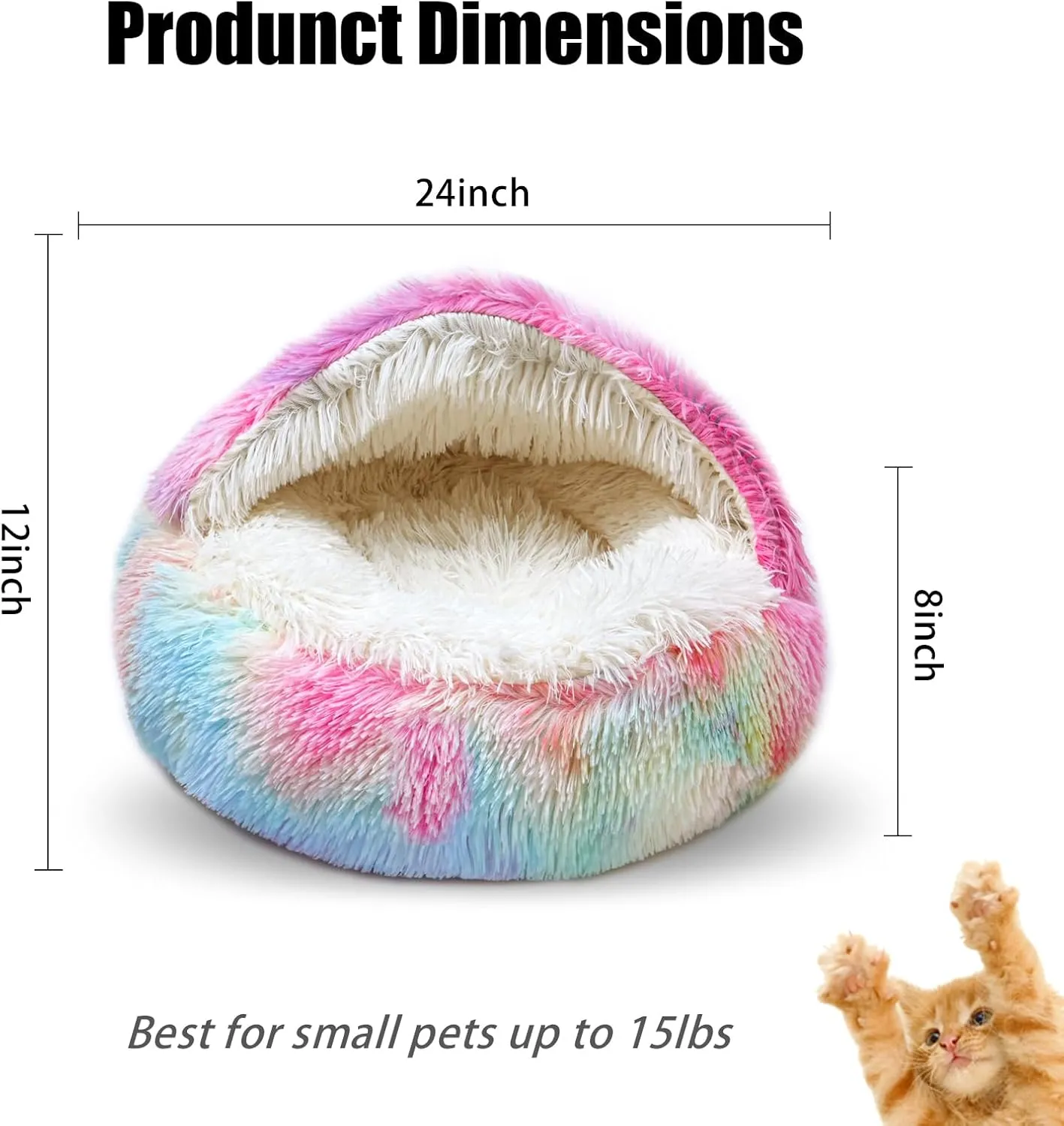 Dazzle Calming Dog & Cat Cave Bed with Washable, Anti-Slip Faux Fur Cover, Comfortable Warming Pet Bed for Small Medium Pets (24 * 24 inch)