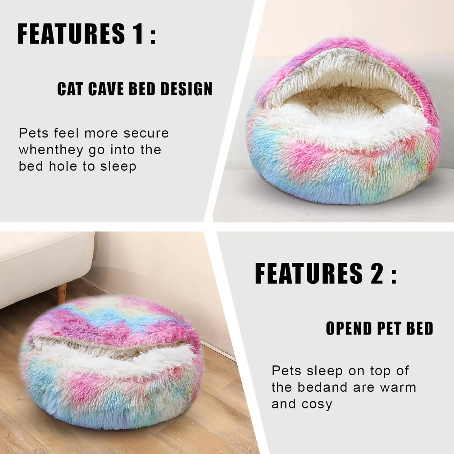Dazzle Calming Dog & Cat Cave Bed with Washable, Anti-Slip Faux Fur Cover, Comfortable Warming Pet Bed for Small Medium Pets (24 * 24 inch)