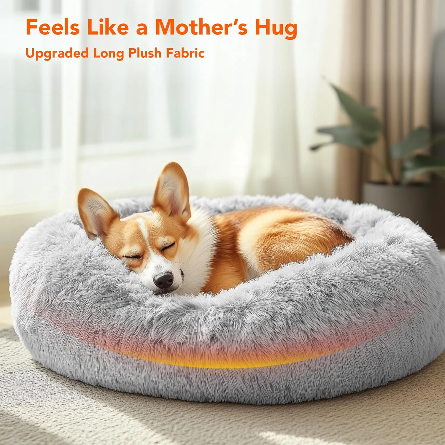 Deconovo Calming Dog Bed for Medium Dogs - Donut Washable Medium Pet Bed, 30 inches Anti-Slip Round Fluffy Plush Faux Fur Cat Bed, Anti-Anxiety Luxury Warming Cozy Soft Pet Puppy Bed, Light Grey