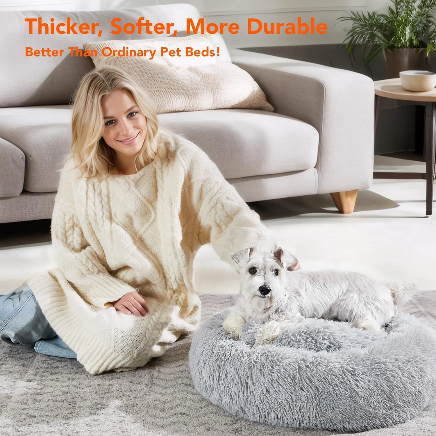 Deconovo Calming Dog Bed for Medium Dogs - Donut Washable Medium Pet Bed, 30 inches Anti-Slip Round Fluffy Plush Faux Fur Cat Bed, Anti-Anxiety Luxury Warming Cozy Soft Pet Puppy Bed, Light Grey