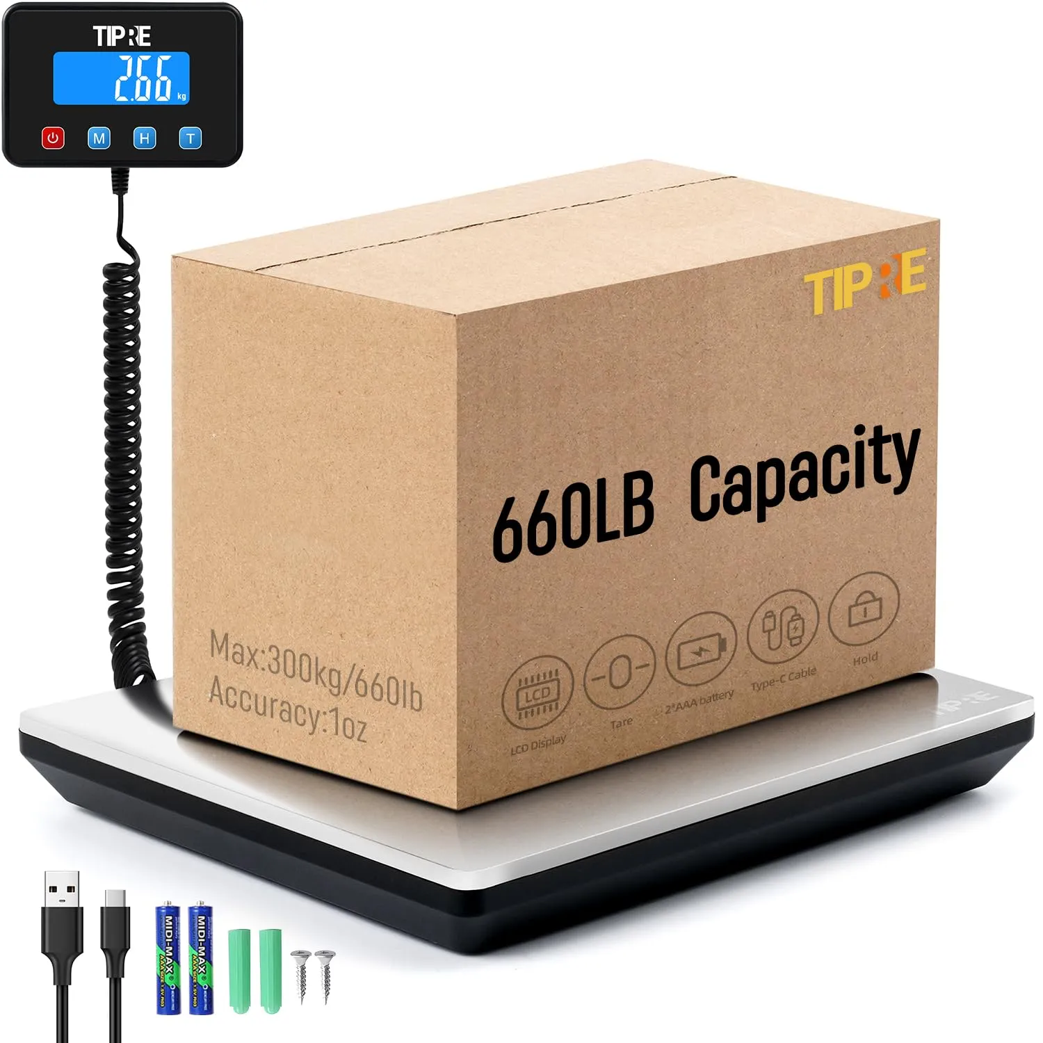 Digital Shipping Postal Scale 660lb/1oz Accuracy! Heavy Duty Postage Scale Extra-Large Capacity Stainless Industrial Scale for Small Business, Warehouse, Home, Battery&Charging Cable Included