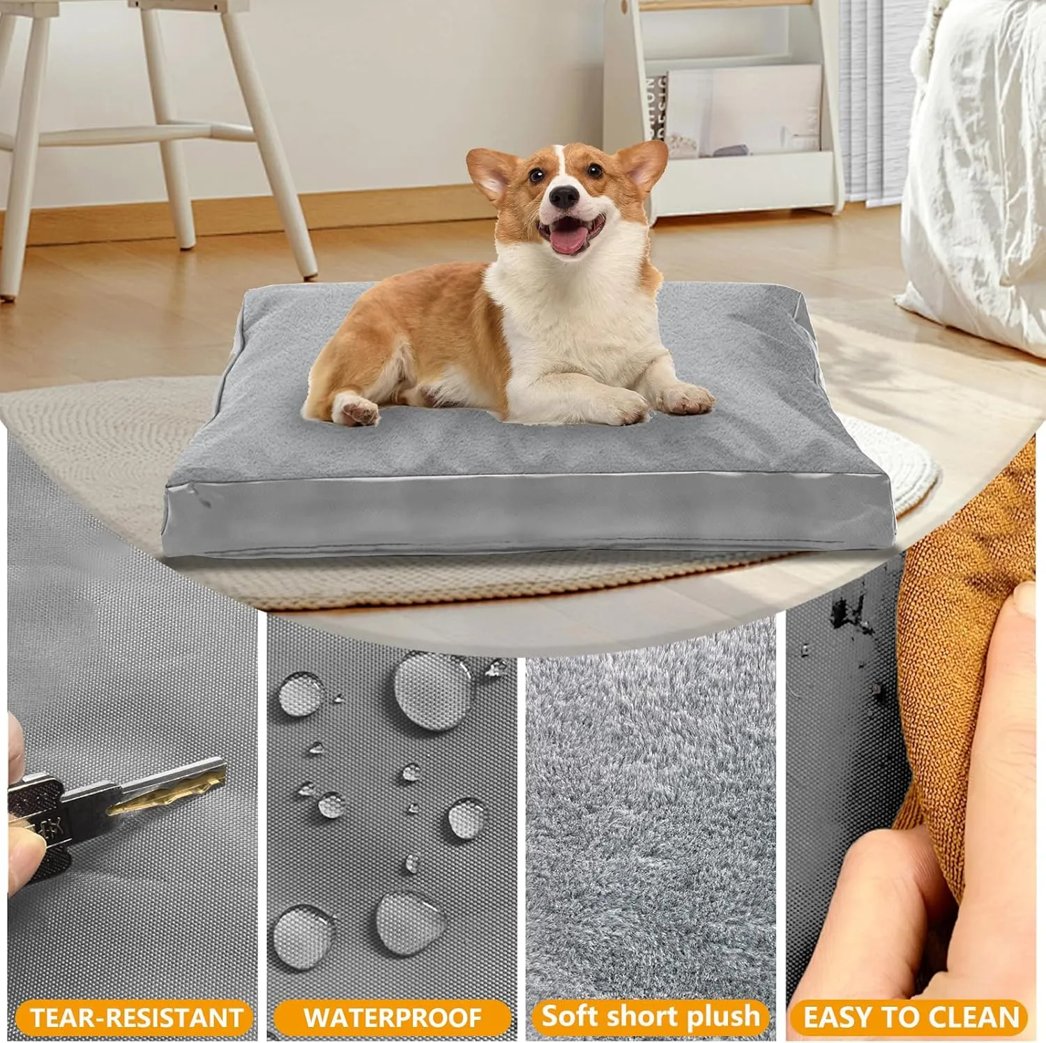 Dog Bed Cover,Heavy Duty Durable Waterproof Fluffy Soft Short Plush Replacement Dog Bed Covers,47" L x 29" W x 4" H Inch Washable Removable Pet Bed Mattress Cover with Zipper.Grey,Cover Only.