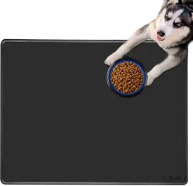 Dog Food Mat for Food and Water, Waterproof Silicone Pet Feeding Mat for Floors with Collapsible Cat Dog Bowl for Travel Extra Large 39.4"x29.5" Black