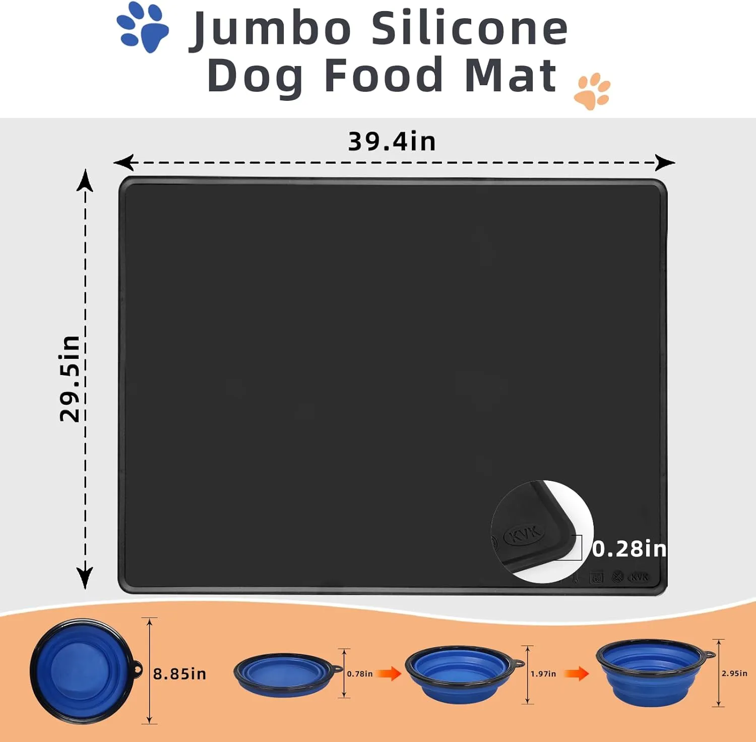 Dog Food Mat for Food and Water, Waterproof Silicone Pet Feeding Mat for Floors with Collapsible Cat Dog Bowl for Travel Extra Large 39.4"x29.5" Black